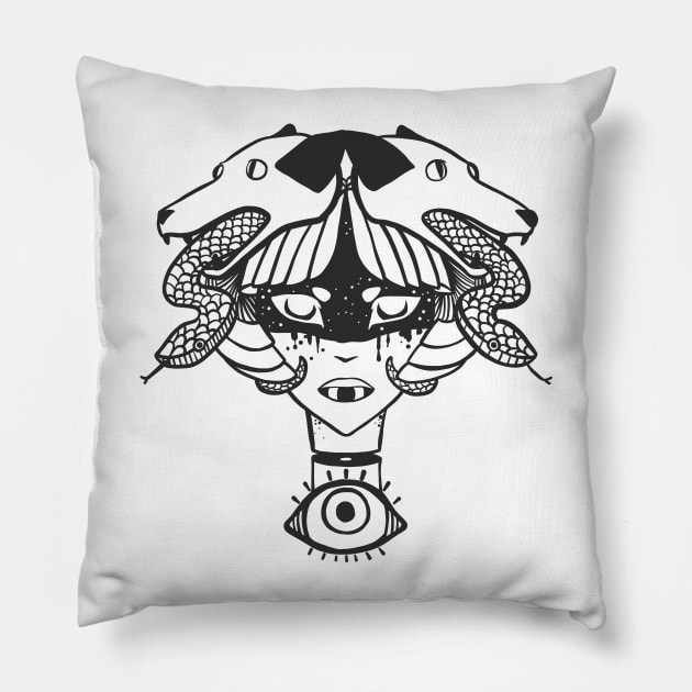 Strange Girl With Fox Dogs, Snakes, And Third Eye, Weird Art Pillow by cellsdividing