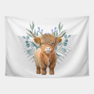 Adorable baby Scottish mountain Cow - beautiful flowers and leaves Tapestry