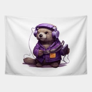 Kawaii otter listen music on the Purple tape cassette with cute face in cartoon style Tapestry