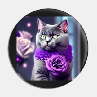 British Shorthair Enjoys Purple Roses Pin