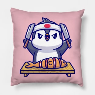 Cute Penguin Cutting Salmon Fish With Knife Cartoon Pillow