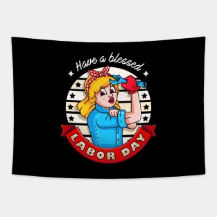 Labor Day. Retro cartoon lady showing off muscles while holding a wrench Tapestry