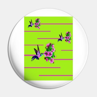 Hummingbirds and pink flowers on green Pin