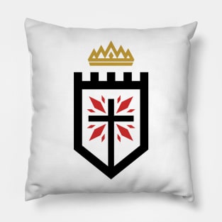 The cross of Jesus Christ against the backdrop of the fortress, on top of the crown - a sign of royal power. Pillow