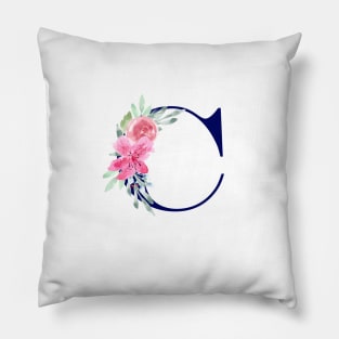 Watercolor Floral Letter C in Navy Pillow