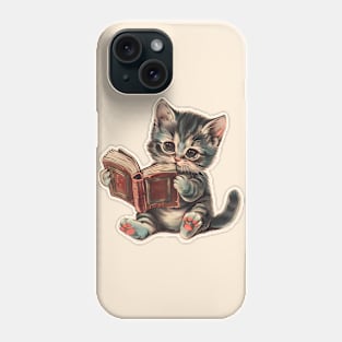 Cute cat reading book retro children illustration Phone Case