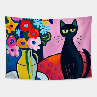 Black Cat in Still Life Painting with Flowers in Vase Tapestry