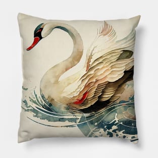 Vintage Japanese style Watercolor of a Swan Pillow