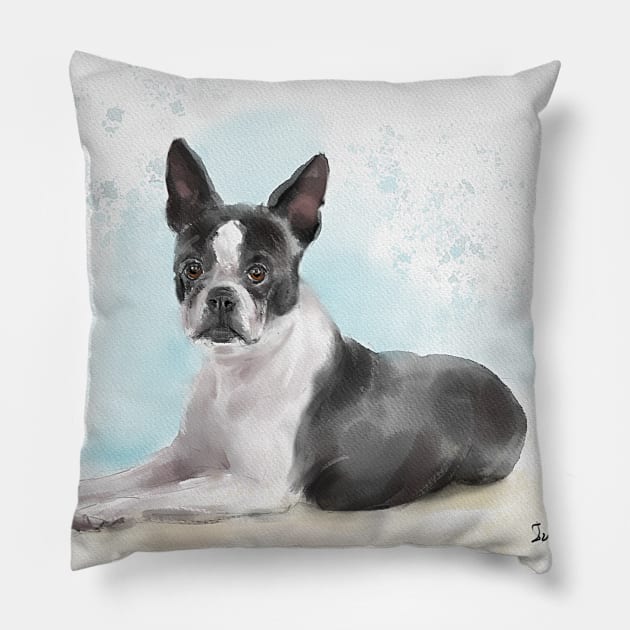 Watercolor Sketch of a Black and White Boston Terrier Lying Down Pillow by ibadishi