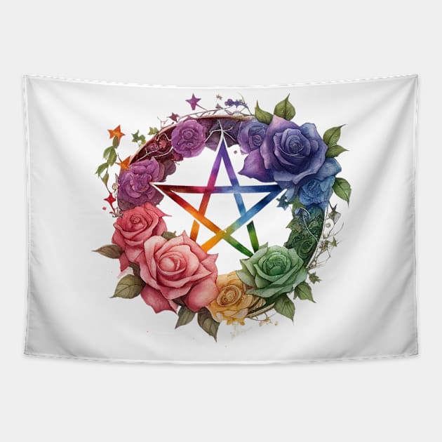 Pentacle with Multicolor  Roses Tapestry by Merilinwitch