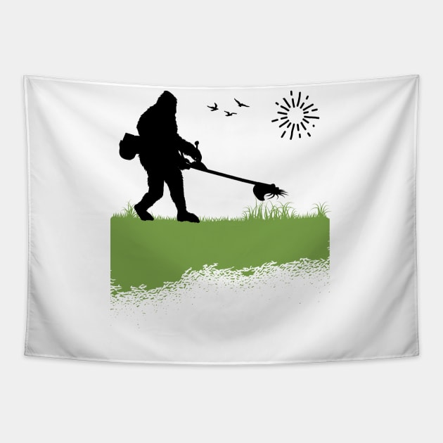 Bigfoot Mowing the Lawn Owner Grass Cutting Funny Sasquatch Tapestry by Tesszero