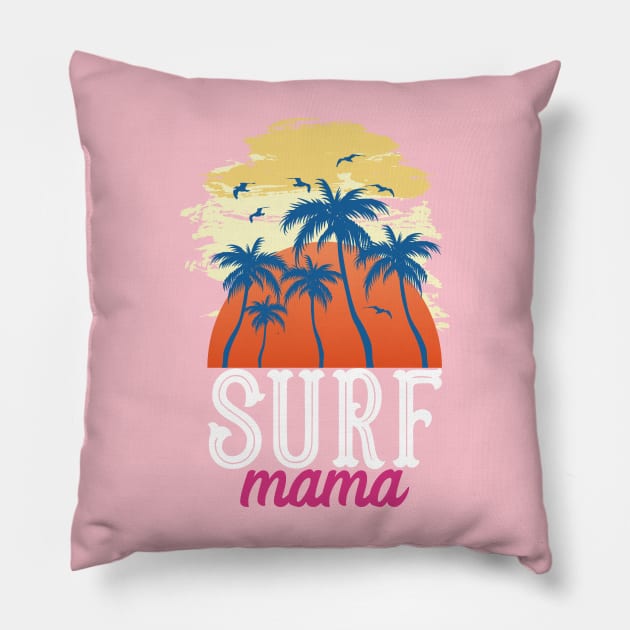 Surf Mama Retro Sunset Surfers Shop Pillow by lucidghost