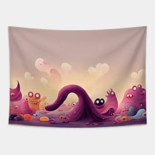 Cute Monsters on an Alien Planet Scene Tapestry