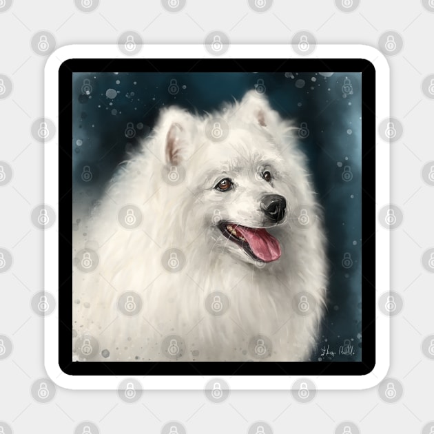 Painting of a White Japanese Spitz Dog Smiling Magnet by ibadishi