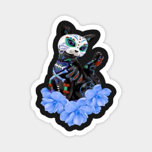 Day Of The Dead Sugar Skull Cat Blue Flowers Magnet