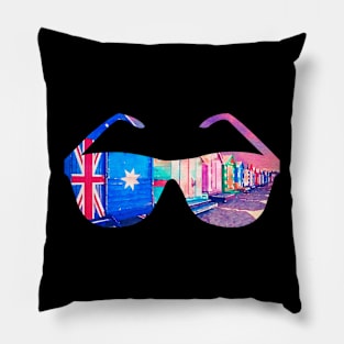 Brighton Bathing Boxes Sunglasses Watercolor Art Pillow