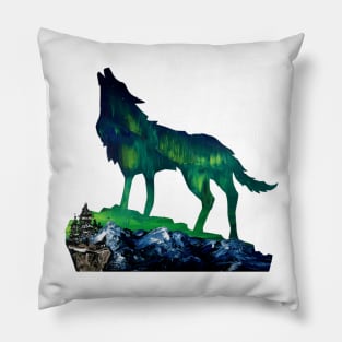 rustic snow mountain landscape wildlife wolf silhouette northern lights aurora Pillow