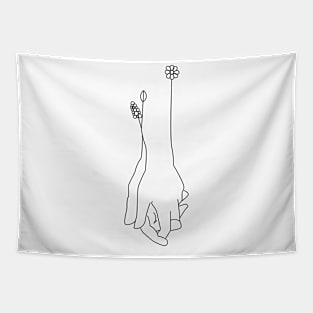 Minimalistic Linear Loving Hands with Flowers Tapestry