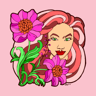 Bright Pink Blooms and Big Hair Portrait T-Shirt