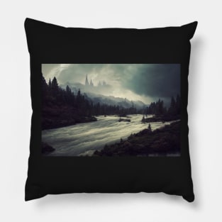 Castle in the Mists Over a Dark Landscape Pillow