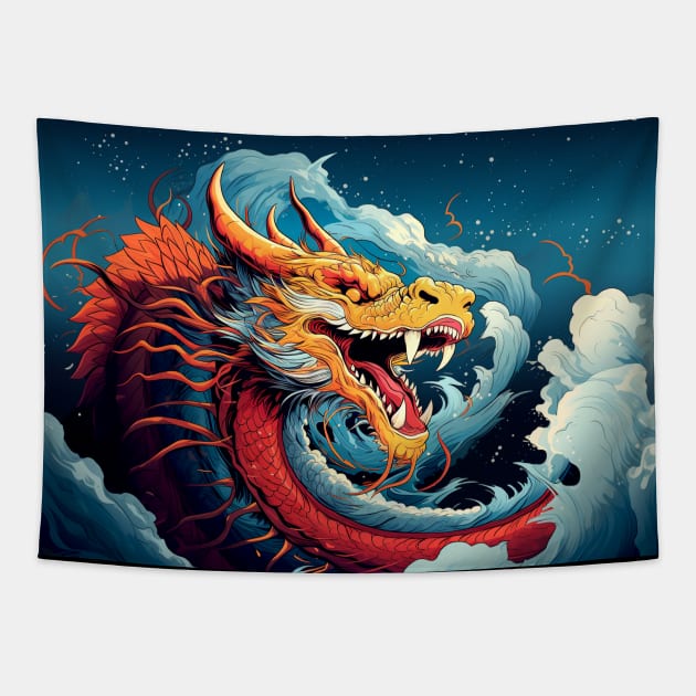 Chinese Dragon: Chinese New Year, Year of the Dragon on a Dark Background Tapestry by Puff Sumo