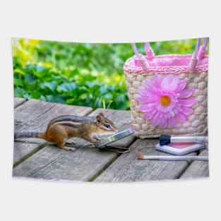 chipmunk looks in a mirror at a handsome rodent Tapestry