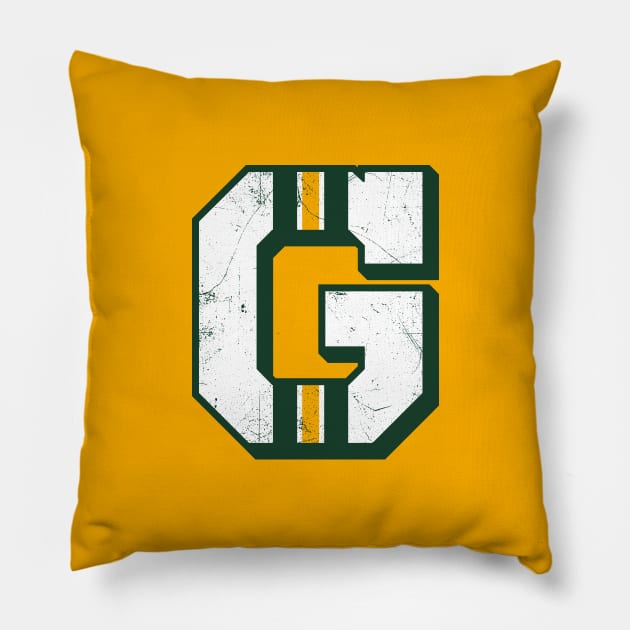 Green Bay G, vintage - yellow Pillow by KFig21