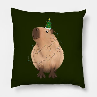 Christmas light up Capybara with string lights and a tree hat Pillow