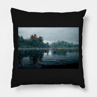 Foggy Lake Falling Raindrops On A Rainy Autumn Day Pillow