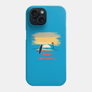 t-shirt design featuring a sunset over the ocean with a surfboard silhouette in the foreground, detailed illustration, and watercolor style. Phone Case