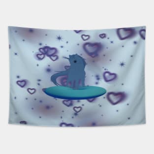 Cute blue color unicorn with purple hearts in blue donut Tapestry