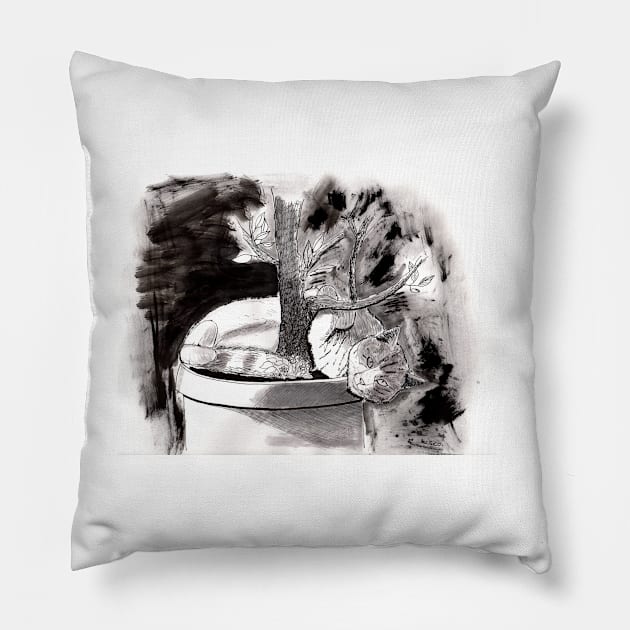 Cat in Flower Pot Expressive Ink Illustration Pillow by Sandraartist