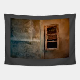 Brown blue grained plastered wall with wooden window. Tapestry