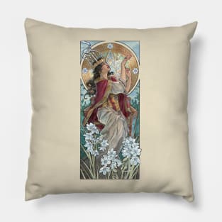 Lady of December with White Narcissus and Saint Lucy Candle Crown Goddess Mucha Inspired Birthstone Series Pillow