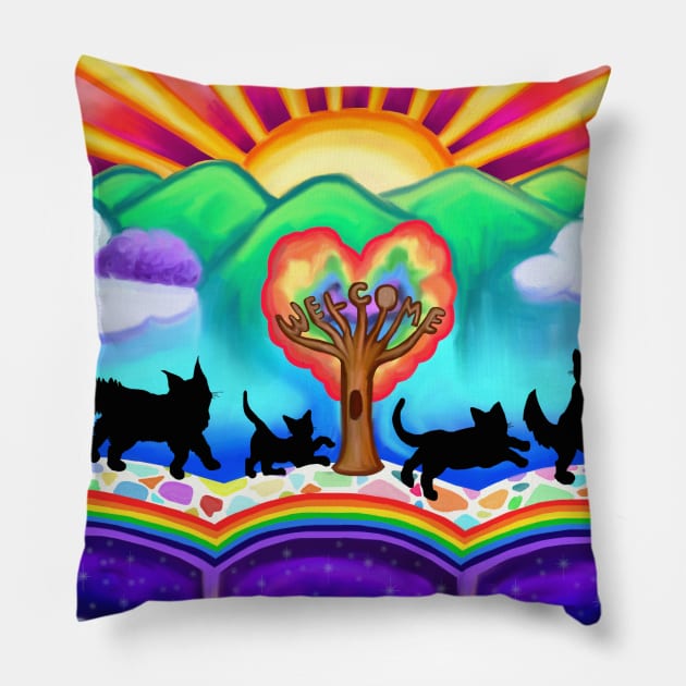 Cats Arrival at the Rainbow Bridge Pillow by Art by Deborah Camp