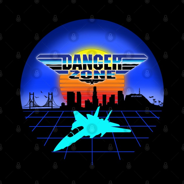 Danger Zone 80s Retro Neon Top Gun Maverick Logo Parody Rooster Sunset Skyline by ArtIzMuzikForTheEyez