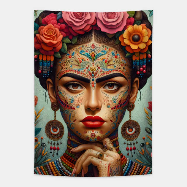 Latina woman folk art, frida kahlo looklike, flowers and tattoo Tapestry by theholisticprints