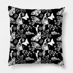 Sketch Butterflies and Flowers Black and White Pattern Pillow