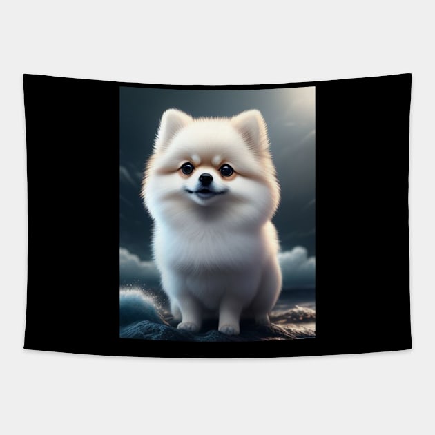 Cute white pomeranian Tapestry by meltubs76