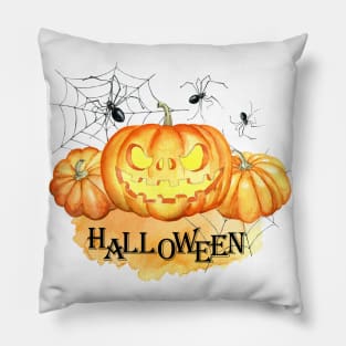 Halloween, watercolor pumpkins, spider web Pillow