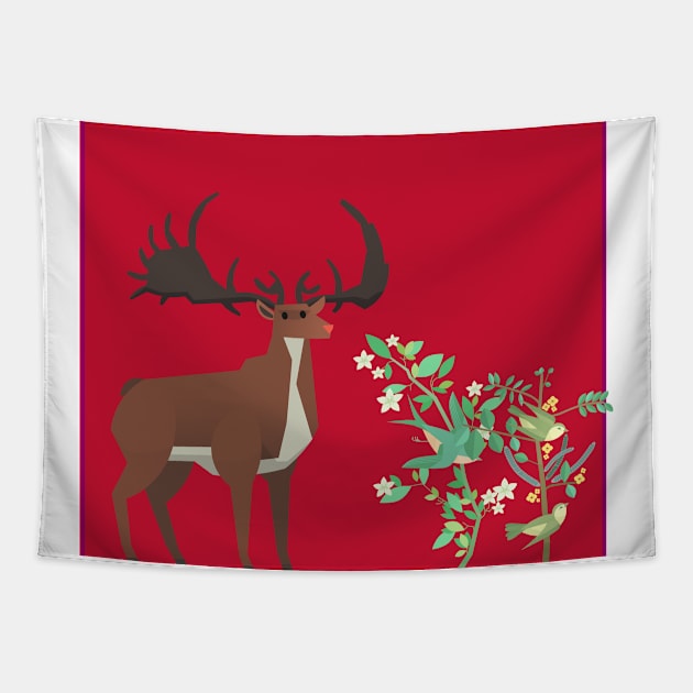 Curious deer with red background Tapestry by Creastore