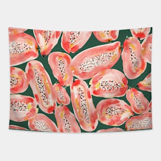 tropical fruits, orange papaya watercolor on green background Tapestry