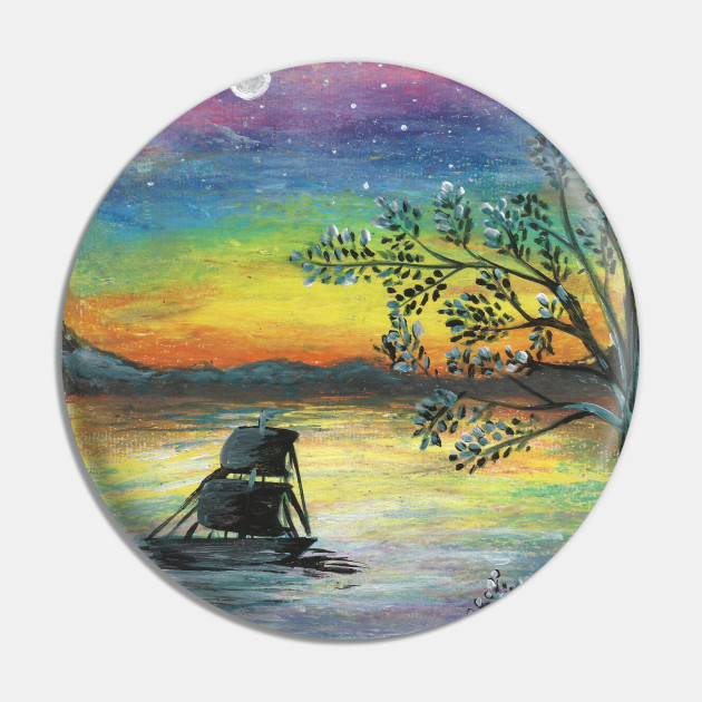 Ship In The Moonlight Colorful Oil Pastels Scenery Landscape