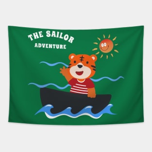 Funny tiger sailor cartoon vector on little boat Tapestry