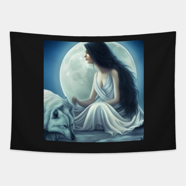 Beautiful Moon Goddess with Wolf #werewolf #moongoddess #fantasy Tapestry by ViralAlpha