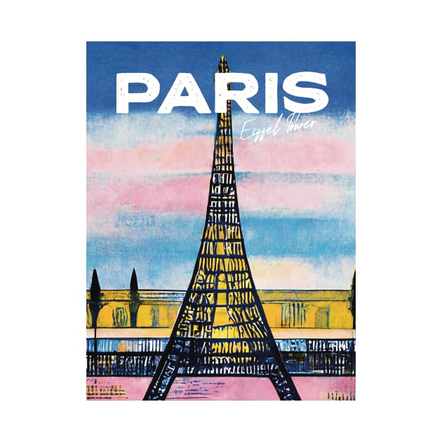 Eiffel Tower Paris Pink Sunset Travel Poster Retro Wall Art Illustration by BetterManufaktur