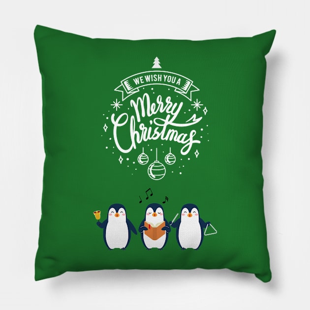 Christmas Penguins Caroling - Light Text Pillow by Whiskers and Wings