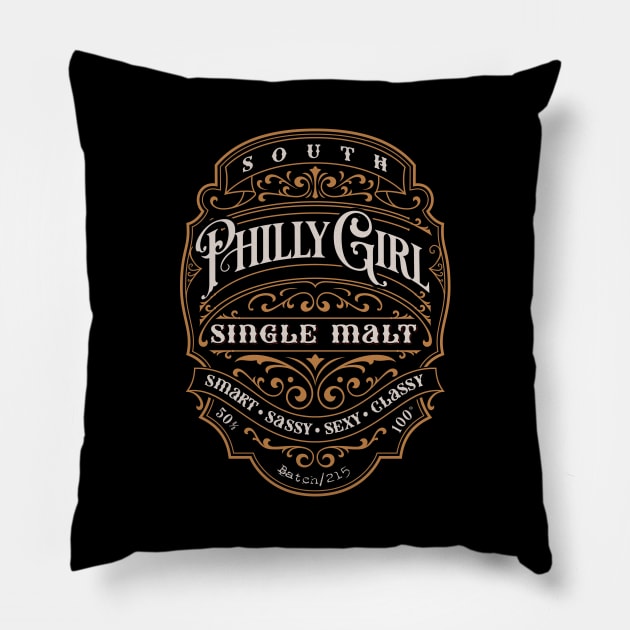 South Philly Girl 215 Vintage Distressed Whiskey Label Pillow by grendelfly73
