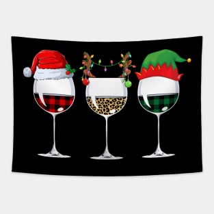 Buffalo Plaid Leopard Wine Glasses Santa Elf Reindeer Christmas Tapestry