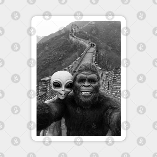 Selfie of Bigfoot and Alien in Great Wall of China Magnet by Megadorim